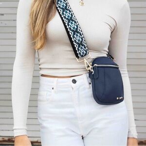 Navy Crossbody Phone Bag with Wide Patterned Strap